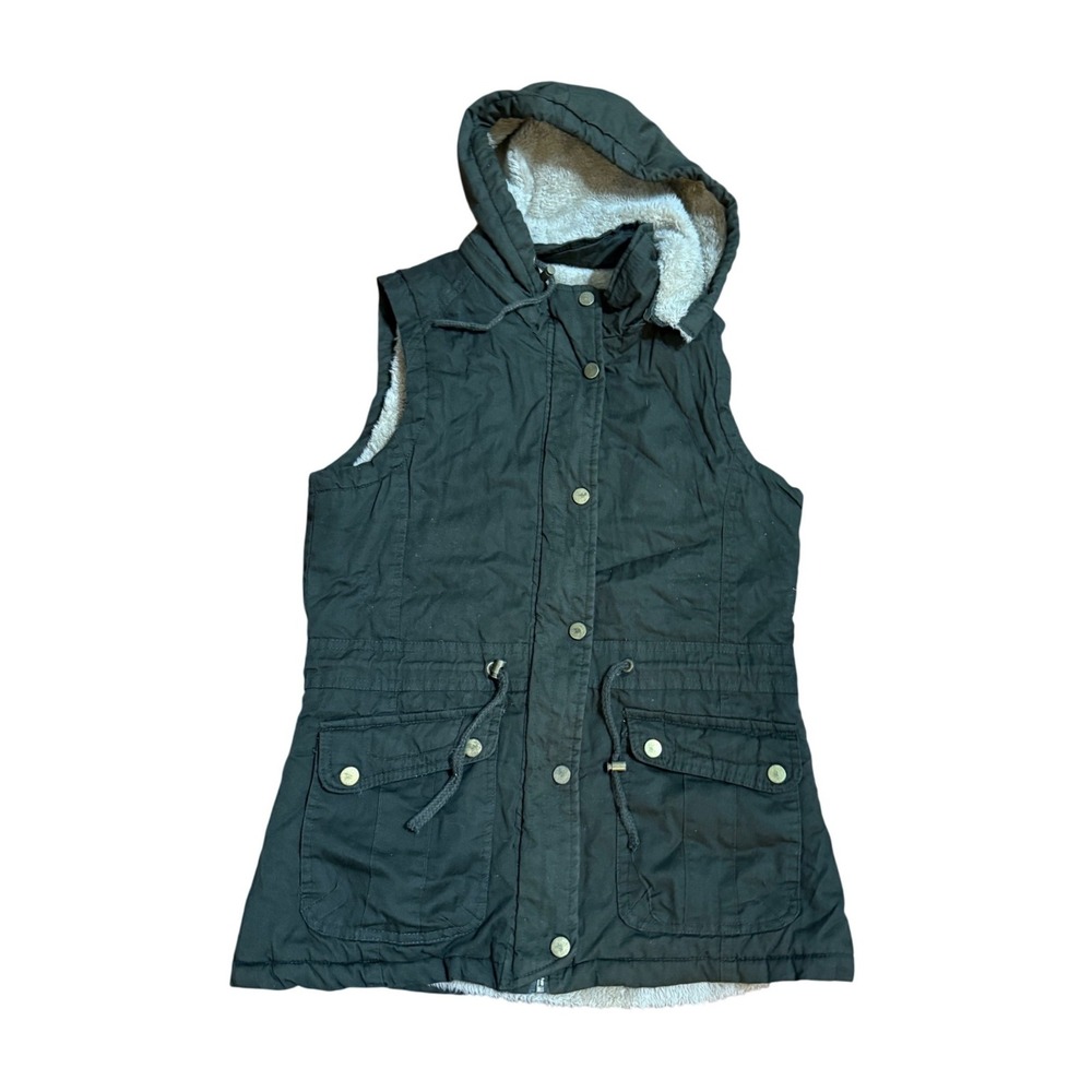 Snobbish Collection Womens Olive Green Faux Fur Lined Utility Hooded Vest Medium